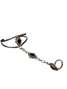 Vintage Taxco Mexico Silver Slave Bracelet Black Onyx Stone Chain Ring 5.5 Small